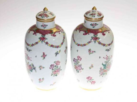 Pair Chinese porcelain lidded vases, the ovoid bodies decorated with swags...