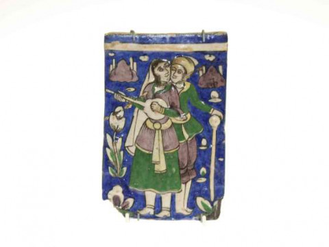 Qajar Islamic tile decorated with two figures