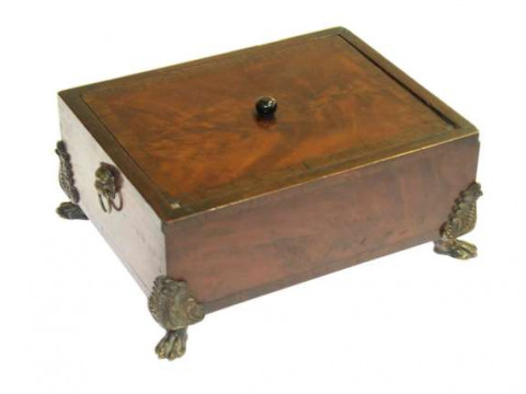 19th Century lidded mahogany table box with lion mask handles and paw...