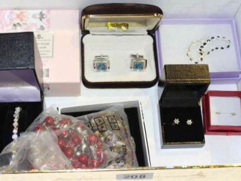 Box of jewellery including two pair of diamond stud earrings