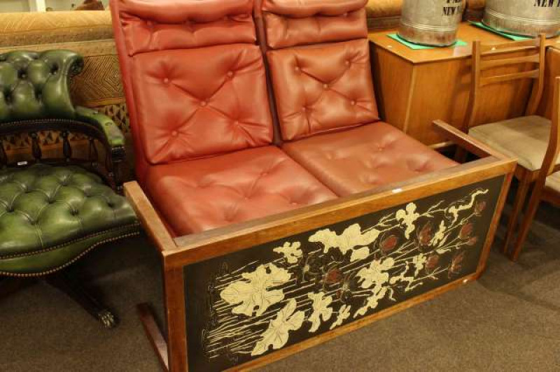 Pair 1960's deep buttoned television chairs and teak floral decorated coffee table (3)