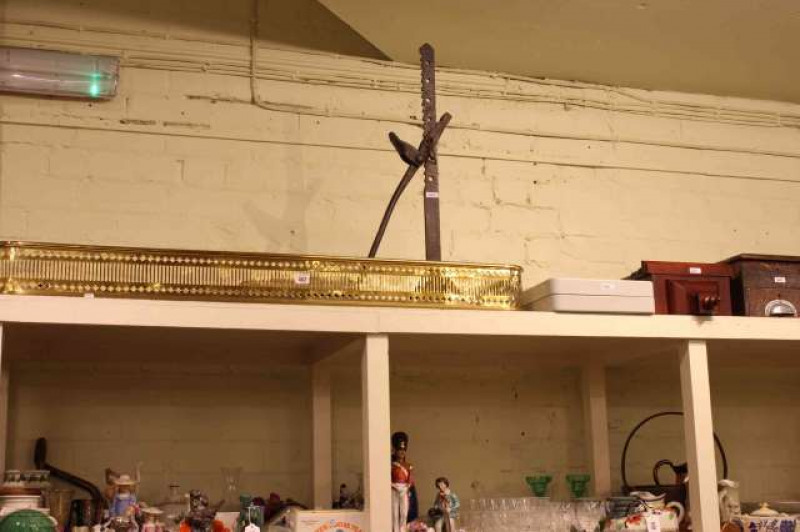 Pierced brass fender, cash drawer, wall clock, key cabinet, vintage tool and posser (6)