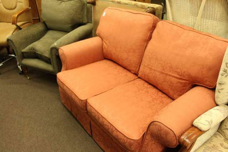 Peter Guild easy chair, two seater settee and large turned leg footstool (3)