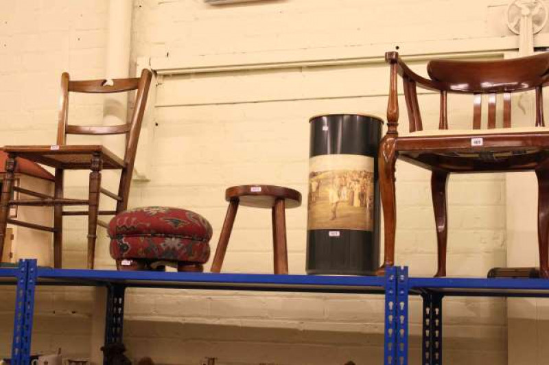 Edwardian mahogany elbow chair, stick stand, two stools and bedroom chair (5)