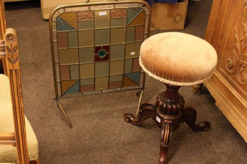 Victorian revolving piano stool and Edwardian brass and leaded glass firescreen (2)