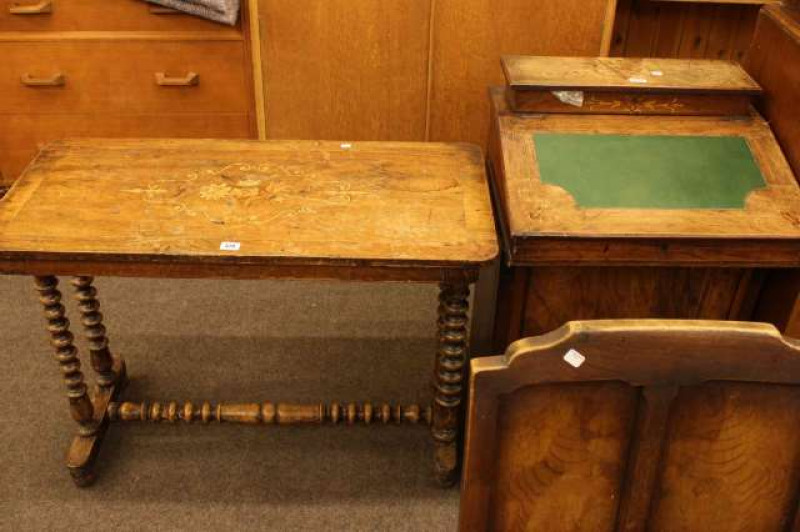Victorian walnut and satinwood inlaid side table and Victorian rosewood and satinwood inlaid davenport (2)