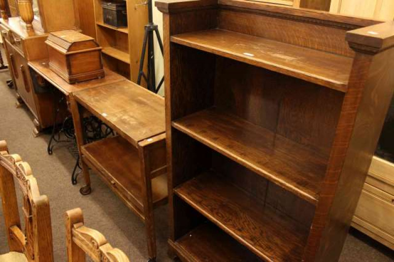 Cast base treadle sewing machine, adjustable trolley, coffee table and open bookcase (4)