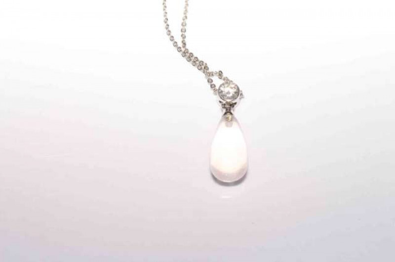 18 carat gold round brilliant cut diamond and quartz drop pendant on 18 carat gold chain