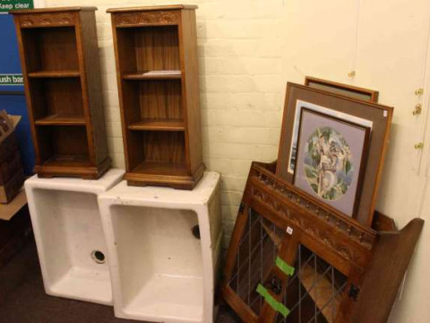 Oak wall cabinet and pair of matching DVD cabinets, three needlework pictures...