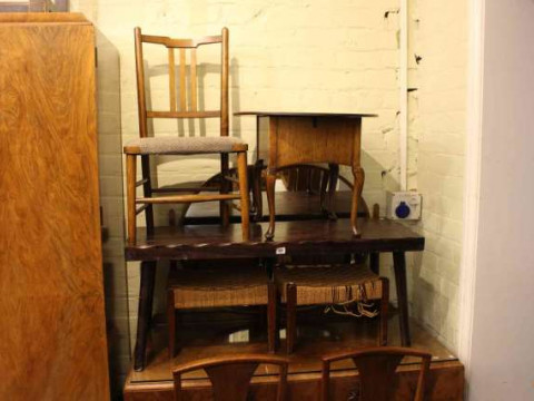 Three dining chairs, occasional chair, coffee table, sewing table and...