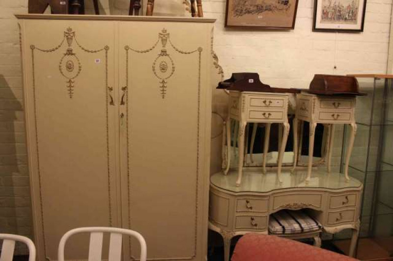 Louis style wardrobe, dressing table, two pedestals, stool and Continental headboard