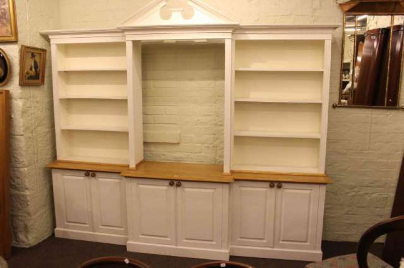 Large kitchen display cabinet having three double cupboards below an open and shelved top, 262cm wide x 230cm high x 48cm deep