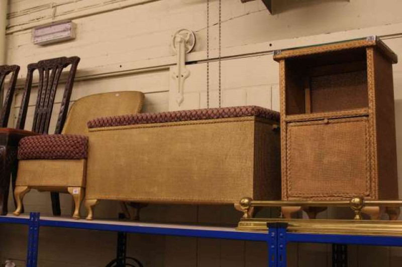 Wicker bedroom chair, ottoman and bedside pedestal