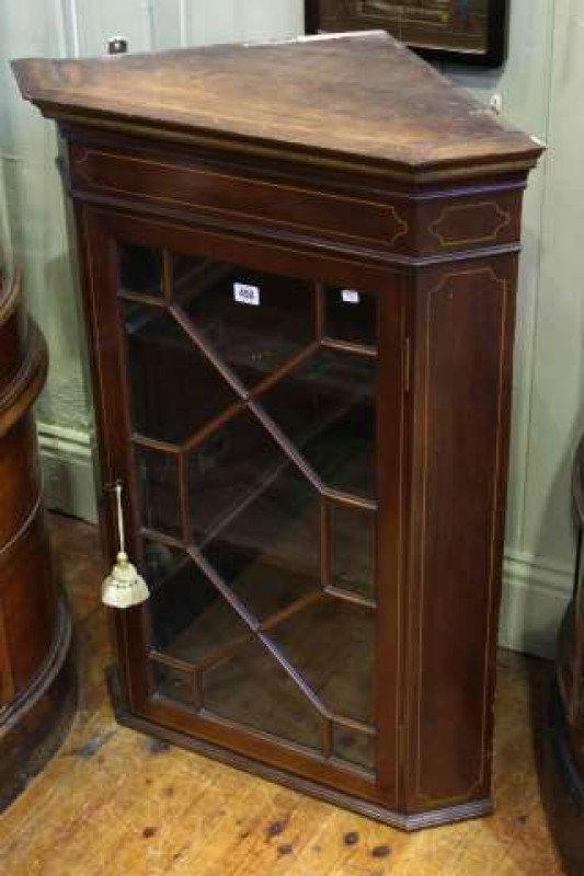 Inlaid mahogany astragal glazed door corner hanging cabinet