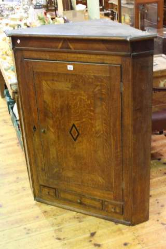 Antique oak and mahogany inlaid corner hanging cupboard