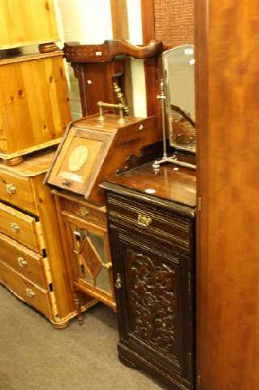 Edwardian carved music cabinet, small mirror panel door cabinet, two headboards, footboard, coal box, toilet mirror, Lloyd Loom linen bin and towel stand (9)