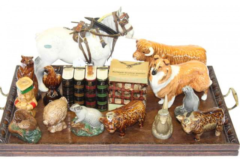 Beswick shire horse, bull and Lochnivar of Ladypark, animal whisky bottles, etc