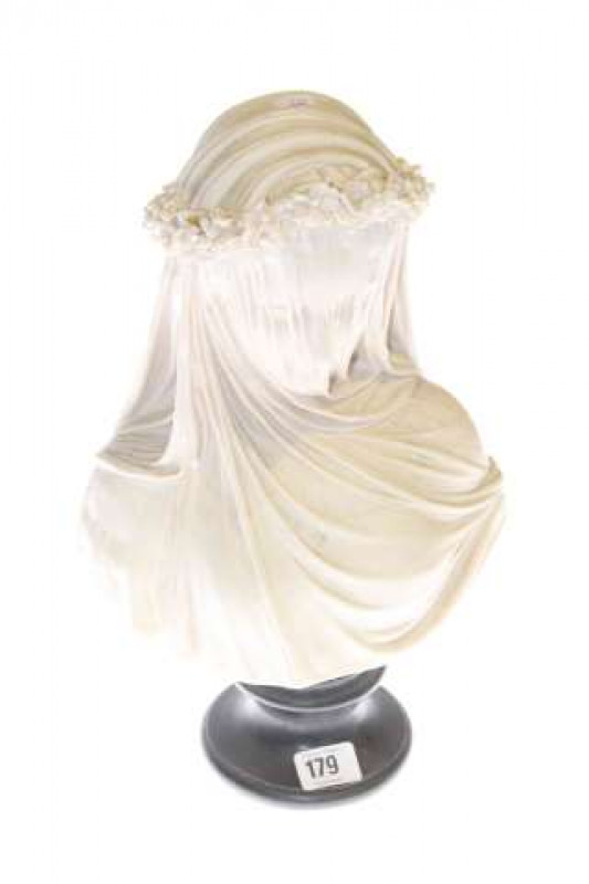 Female marble bust of a veiled maiden on wood plinth