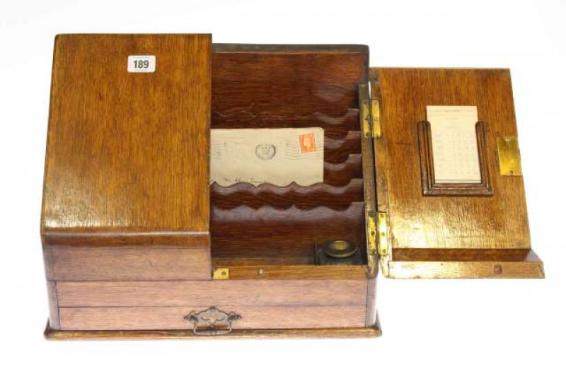 Oak slope front stationery cabinet