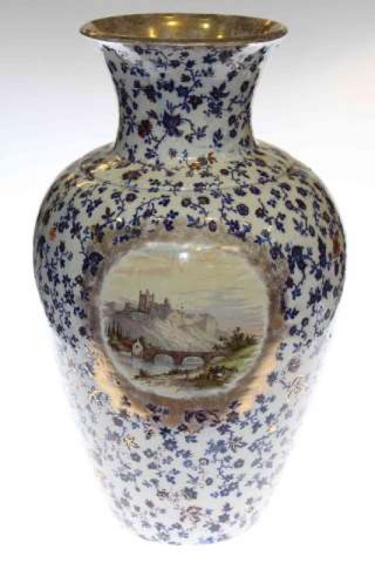Large ovoid vase decorated with Richmond Castle scene on floral ground, 58cm high