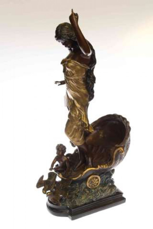 Spelter figure of maiden on chariot with cherub and birds at her feet