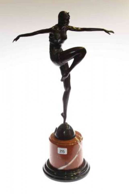 Art Deco style bronze of a dancer, on a circular marble plinth