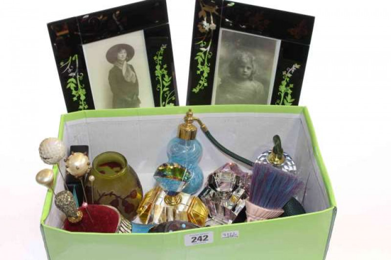 Galle style vase, Chester silver napkin ring, shoe-form pin cushion, Baccarat style scent bottles