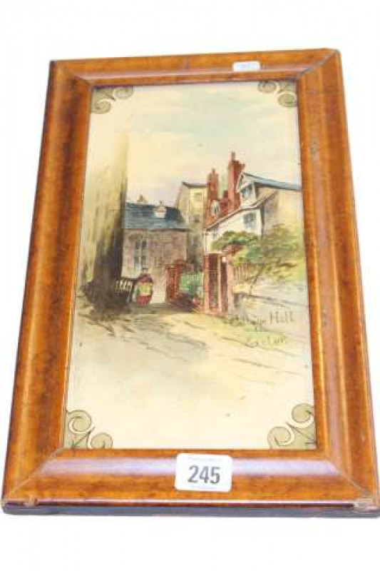 Doulton style pottery tile, decorated with a titled view of College Hall, Exeter