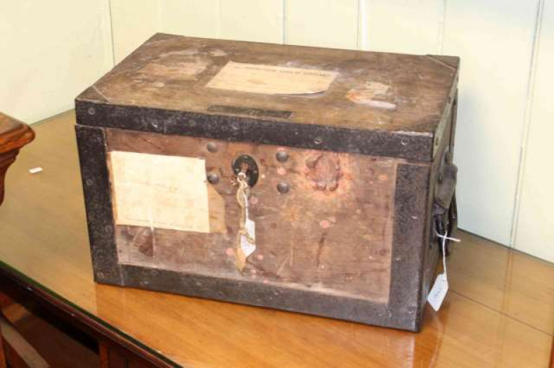 Commercial Bank of Scotland strong box, retaining original labels and wax seal
