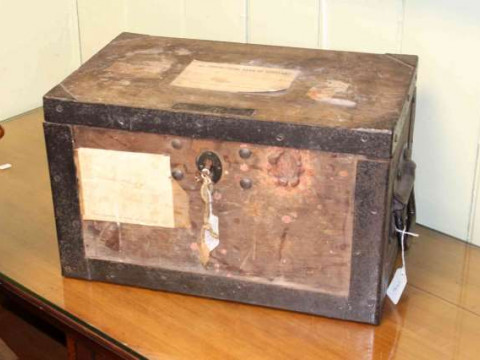 Commercial Bank of Scotland strong box, retaining original labels and...