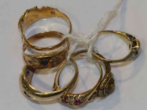 A collection of six early to mid Victorian rings, each set with gemstones...