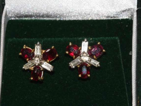 Pair of ruby and diamond cluster earrings, set in 18 carat white and yellow...
