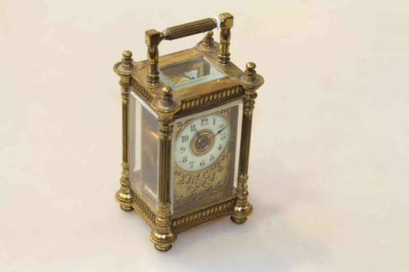 French brass carriage clock, R & Co., late 19th Century