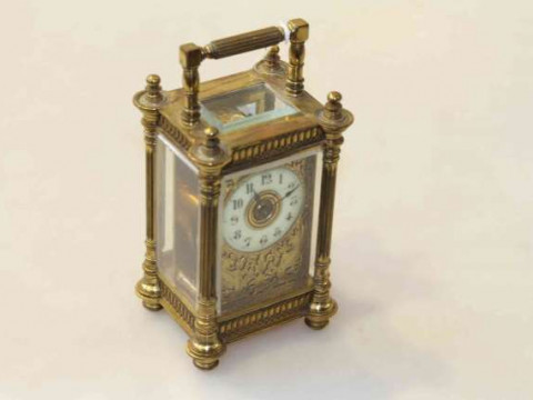 French brass carriage clock, R & Co., late 19th Century