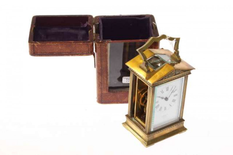 French brass carriage clock, retailed by Crichton, Edinburgh, in a travelling case, (lacking a side panel)