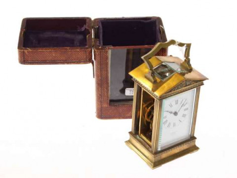 French brass carriage clock, retailed by Crichton, Edinburgh, in a travelling...