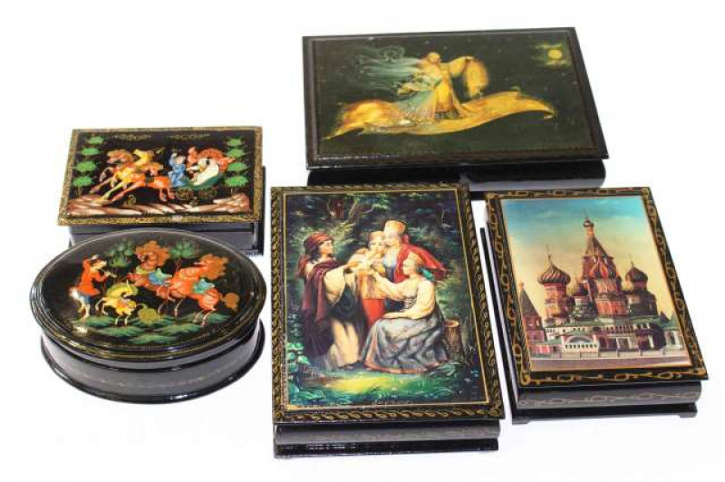 Five large Russian Fedoskino boxes