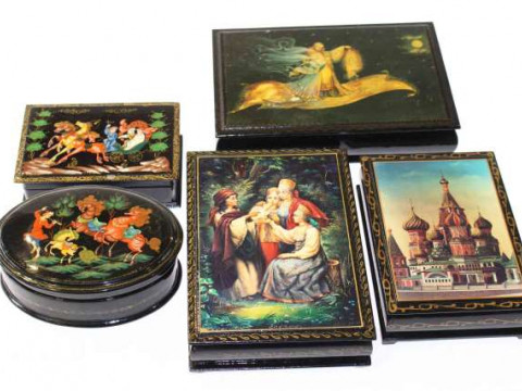 Five large Russian Fedoskino boxes