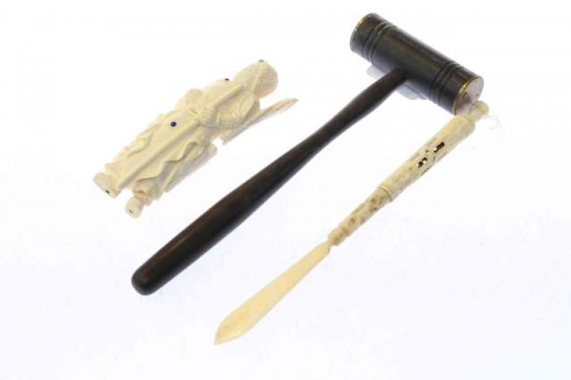 Early 20th Century ivory figure, bone letter opener and a gavel