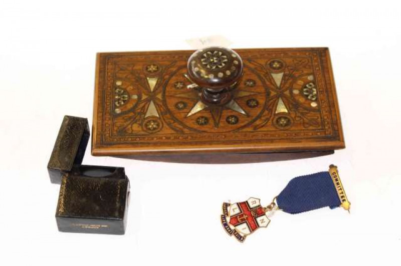 Asprey vesta case, inlaid blotter and life boat medal (3)