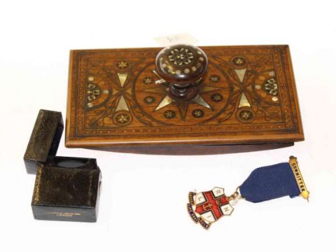Asprey vesta case, inlaid blotter and life boat medal (3)