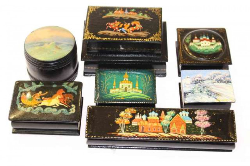 Seven Russian Fedoskino boxes