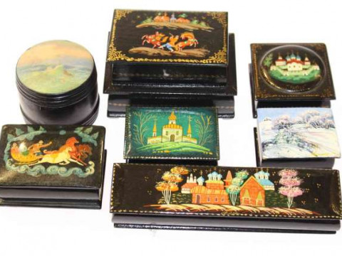 Seven Russian Fedoskino boxes