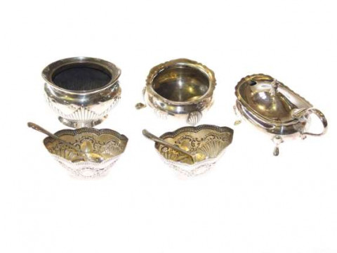 Pair of silver salts, two silver salts and an EPNS mustard pot (5)