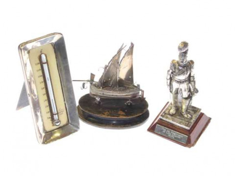 White metal figure of a soldier, silver mounted desk thermometer and a...