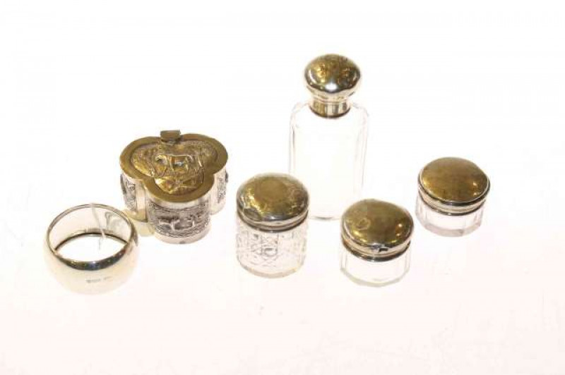 Silver napkin ring, silver topped jars, etc