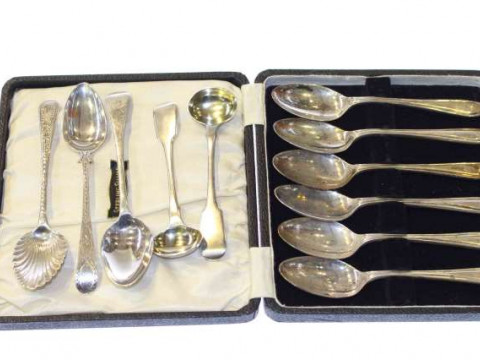 Set of six silver teaspoons, three teaspoons and a pair of mustard spoons
