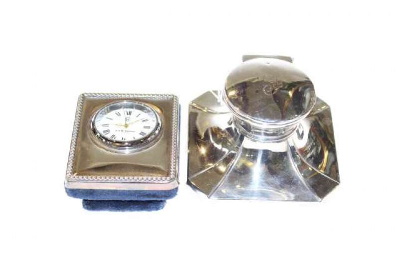 Chester silver inkwell and a small silver clock
