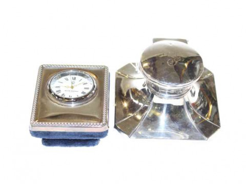 Chester silver inkwell and a small silver clock