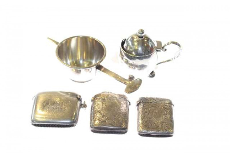 Three silver vesta cases, silver mustard, etc (50